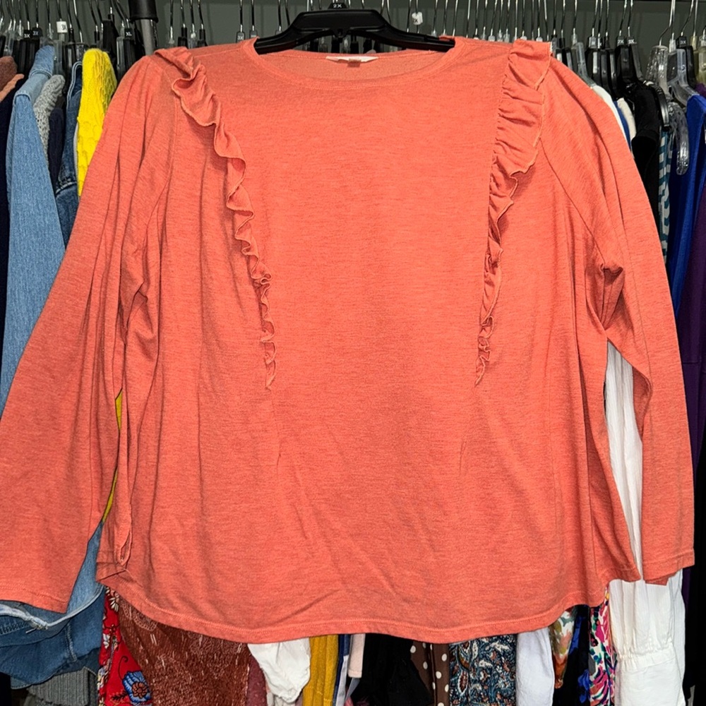 Terra & Sky Orange Long-Sleeved Ruffled Tee, Size 3X (24W/26W)